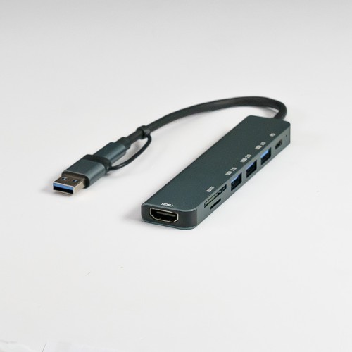 USB-хаб STEM 7 в 1, серый, алюминий
