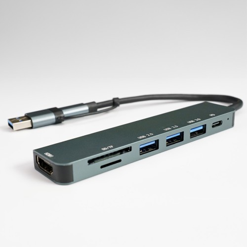 USB-хаб STEM 7 в 1, серый, алюминий