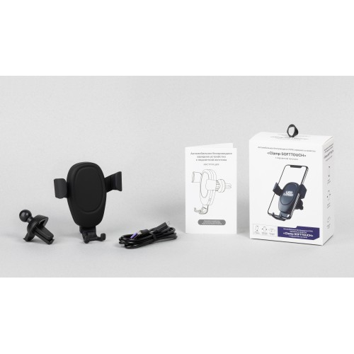 Автомобильное беспроводное (10W) зарядное устройство Clamp SOFTTOUCH с подсветкой логотипа, покрытие soft touch, черный