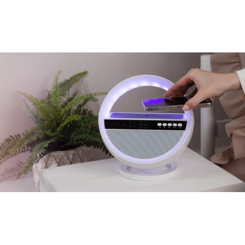 Bluetooth колонка Smart Orb 5Вт с беспроводным (15W) ЗУ, лампой, часами, FM радио, белый