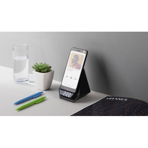 Настольная Bluetooth колонка (3Вт) Smart Pyramid с часами и беспроводным (15W) зарядным устройством, с подсветкой логотипа, черный
