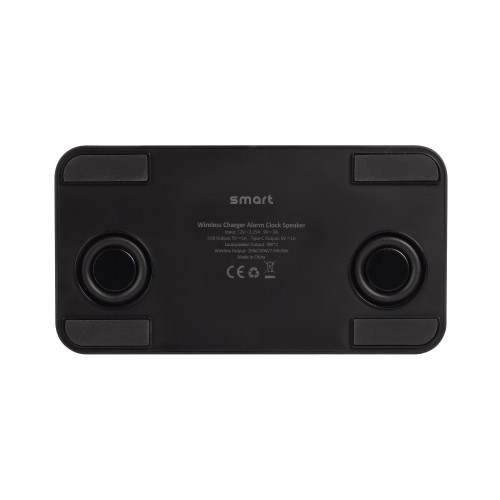 Настольные часы Smart Box с bluetooth колонкой (2х3Вт), беспроводным (15W) зарядным устройством и складной подставкой под смартфон, черный