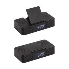 Настольные часы Smart Box с bluetooth колонкой (2х3Вт), беспроводным (15W) зарядным устройством и складной подставкой под смартфон, черный