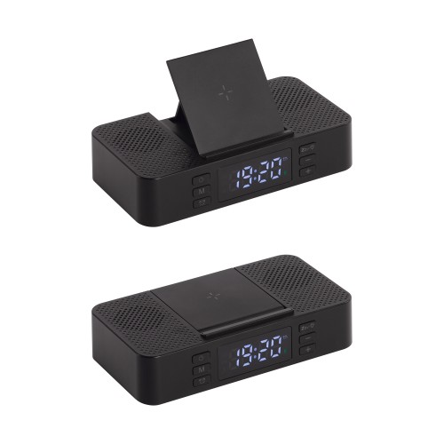 Настольные часы Smart Box с bluetooth колонкой (2х3Вт), беспроводным (15W) зарядным устройством и складной подставкой под смартфон, черный
