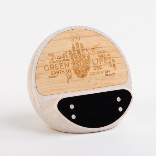 Настольные часы Smiley с беспроводным (10W) зарядным устройством и будильником, пшеница/бамбук/пластик, бежевый