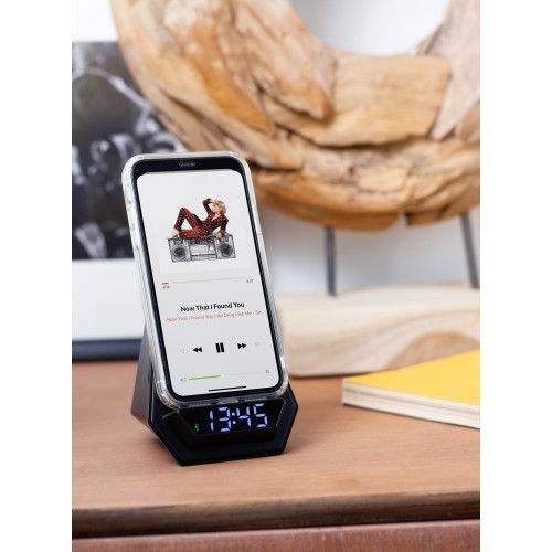 Настольная Bluetooth колонка (3Вт) Smart Pyramid с часами и беспроводным (15W) зарядным устройством, с подсветкой логотипа, черный