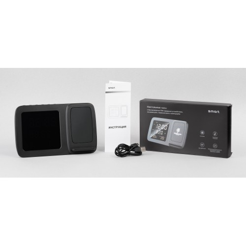 Настольные часы Smart Screen с беспроводным (15W) зарядным устройством, гигрометром, термометром, календарём, с подсветкой логотипа, черный