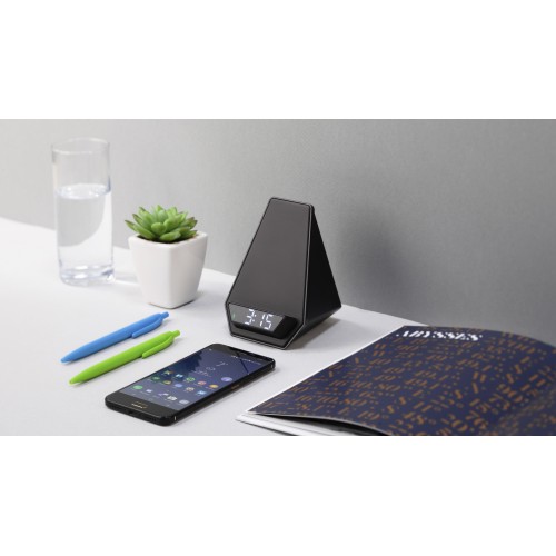 Настольная Bluetooth колонка (3Вт) Smart Pyramid с часами и беспроводным (15W) зарядным устройством, с подсветкой логотипа, черный