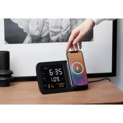 Настольные часы Smart Screen с беспроводным (15W) зарядным устройством, гигрометром, термометром, календарём, с подсветкой логотипа, черный