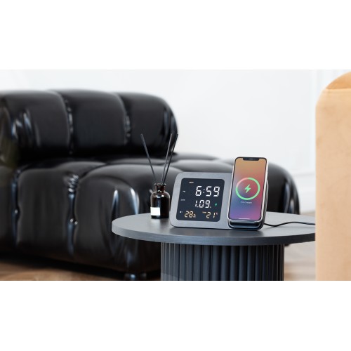 Настольные часы Smart Screen с беспроводным (15W) зарядным устройством, гигрометром, термометром, календарём, с подсветкой логотипа, черный