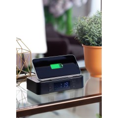 Настольные часы Smart Box с bluetooth колонкой (2х3Вт), беспроводным (15W) зарядным устройством и складной подставкой под смартфон, черный