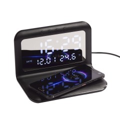Настольные часы Smart Time с беспроводным (15W) зарядным устройством, будильником и термометром, со съёмным дисплеем, черный