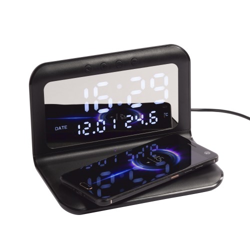 Настольные часы Smart Time с беспроводным (15W) зарядным устройством, будильником и термометром, со съёмным дисплеем, черный
