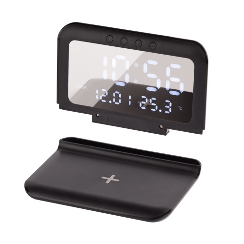 Настольные часы Smart Time с беспроводным (15W) зарядным устройством, будильником и термометром, со съёмным дисплеем, черный