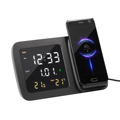 Настольные часы Smart Screen с беспроводным (15W) зарядным устройством, гигрометром, термометром, календарём, с подсветкой логотипа, черный