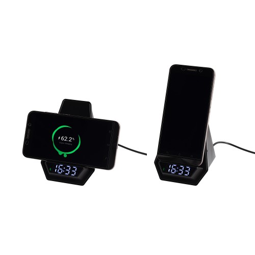 Настольная Bluetooth колонка (3Вт) Smart Pyramid с часами и беспроводным (15W) зарядным устройством, с подсветкой логотипа, черный