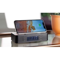 Настольные часы Smart Box с bluetooth колонкой (2х3Вт), беспроводным (15W) зарядным устройством и складной подставкой под смартфон, черный