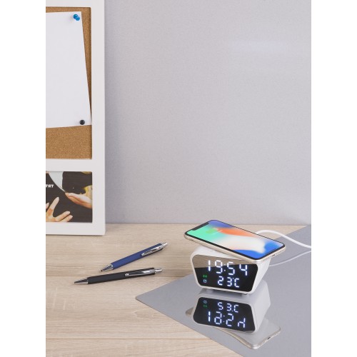 Настольные часы Smart Clock с беспроводным (15W) зарядным устройством, будильником и термометром, белый