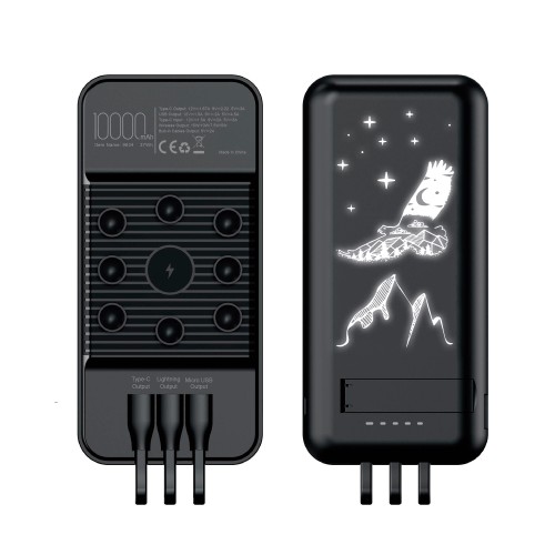 Беспроводное зарядное (22.5/15W) устройство Topfull SOFTTOUCH 10000 mAh с подсветкой лого, присосками, встроенными кабелями, с подставкой, черный