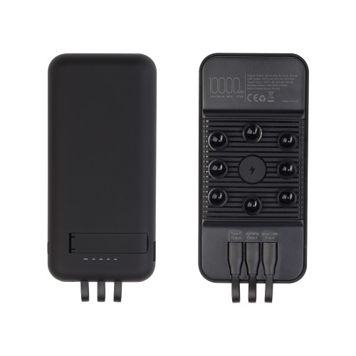Беспроводное зарядное (22.5/15W) устройство Topfull SOFTTOUCH 10000 mAh с подсветкой лого, присосками, встроенными кабелями, с подставкой, черный