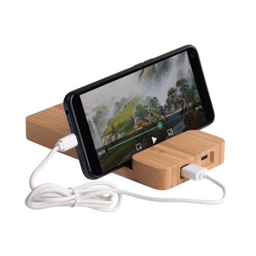 Беспроводное (10W) зарядное устройство Bamboo Power 5000 mAh с подставкой под смартфон, бамбук, бежевый