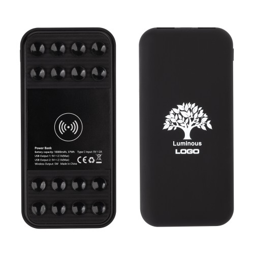 Беспроводное зарядное устройство Sticky SOFTTOUCH, 10000 mAh с подсветкой логотипа и присосками, черный