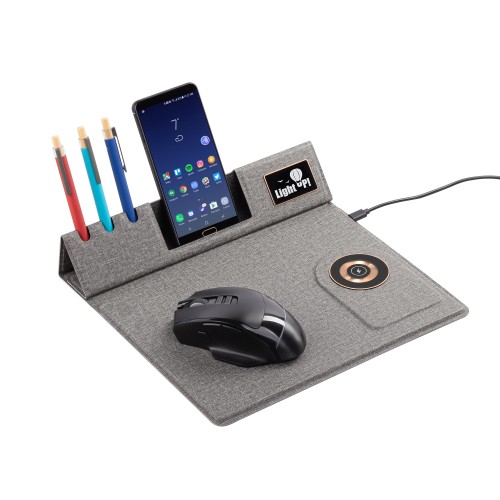Настольная складная подставка Cool Mat с беспроводным (15W) ЗУ, сенсорной подсветкой логотипа, функцией MagSafe и ковриком для мыши, серый