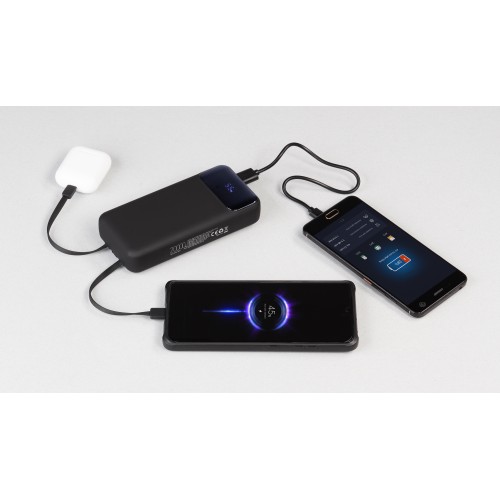 Зарядное (22.5W) устройство Top Grade SOFTTOUCH 20000 mAh с подсветкой логотипа, встроенными кабелями и цифровым индикатором заряда, черный