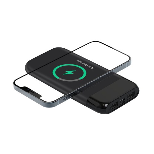Беспроводное зарядное устройство ShineMax SOFTTOUCH, 10000 mAh с подсветкой логотипа и цифровым индикатором заряда, черный