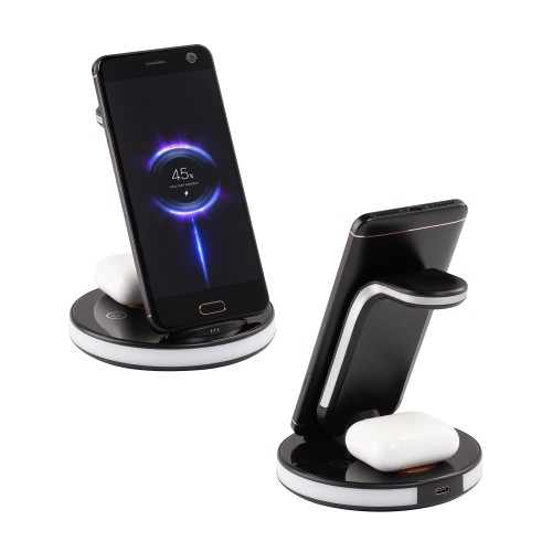 Беспроводная (15W) зарядная станция Tron с прозрачным корпусом и подсветкой, черный с серебристым