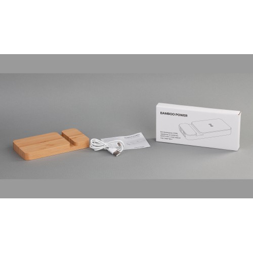Беспроводное (10W) зарядное устройство Bamboo Power 5000 mAh с подставкой под смартфон, бамбук, бежевый