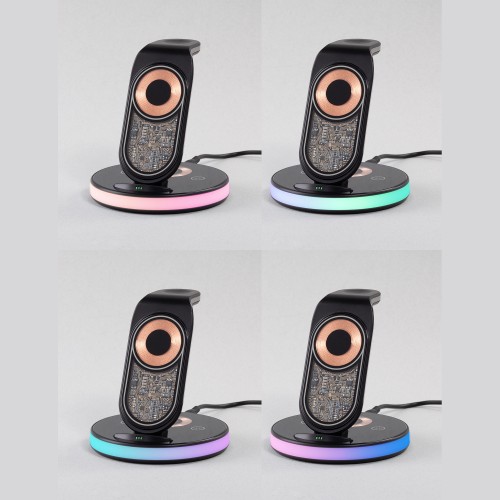 Беспроводная (15W) зарядная станция Tron с прозрачным корпусом и подсветкой, черный с серебристым