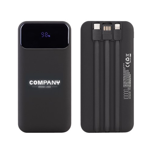 Зарядное (22.5W) устройство Grade SOFTTOUCH 10000 mAh с подсветкой логотипа, встроенными кабелями и цифровым индикатором заряда, черный