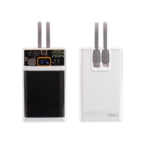 Зарядное (22.5W) устройство Link 10000 mAh с прозрачным корпусом, цифровым индикатором заряда и встроенными Type-C/Lightning кабелями, белый/черный