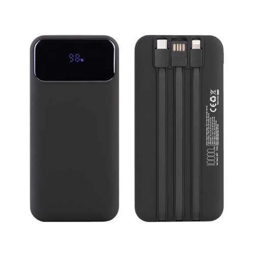 Зарядное (22.5W) устройство Grade SOFTTOUCH 10000 mAh с подсветкой логотипа, встроенными кабелями и цифровым индикатором заряда, черный