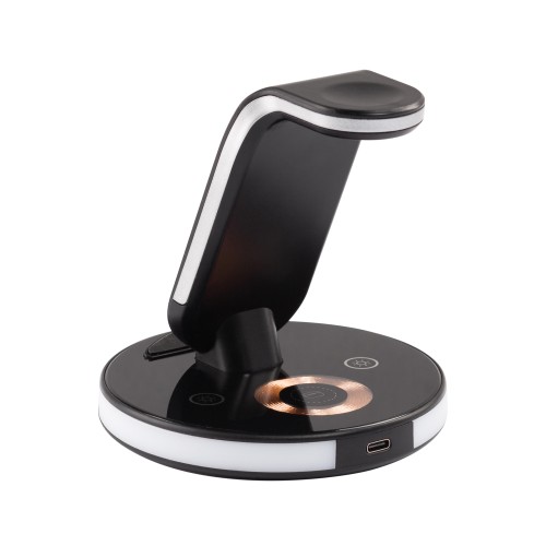 Беспроводная (15W) зарядная станция Tron с прозрачным корпусом и подсветкой, черный с серебристым
