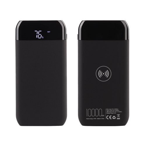 Беспроводное зарядное устройство ShineMax SOFTTOUCH, 10000 mAh с подсветкой логотипа и цифровым индикатором заряда, черный