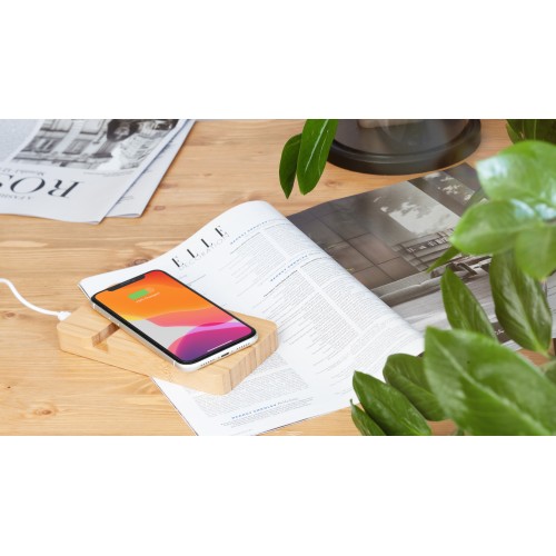 Беспроводное (10W) зарядное устройство Bamboo Power 5000 mAh с подставкой под смартфон, бамбук, бежевый