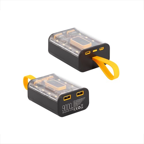 Зарядное устройство Shine 9000 mAh с LED-подсветкой, встроенными кабелями Type-C/Lightning/USB, черный с желтым