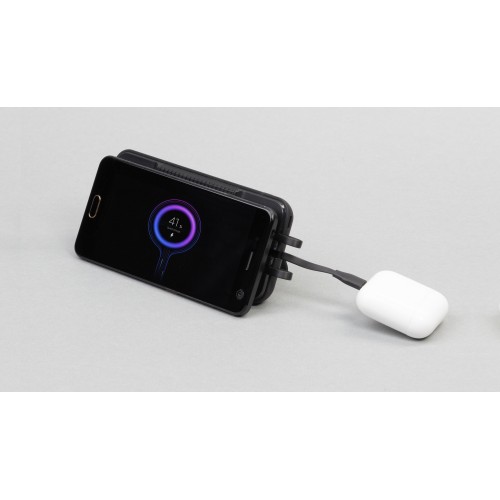 Беспроводное зарядное (22.5/15W) устройство Topfull SOFTTOUCH 10000 mAh с подсветкой лого, присосками, встроенными кабелями, с подставкой, черный