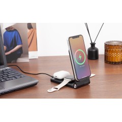 Складная беспроводная (15W) зарядная станция Clap с подсветкой логотипа и подставкой для смартфона, черный