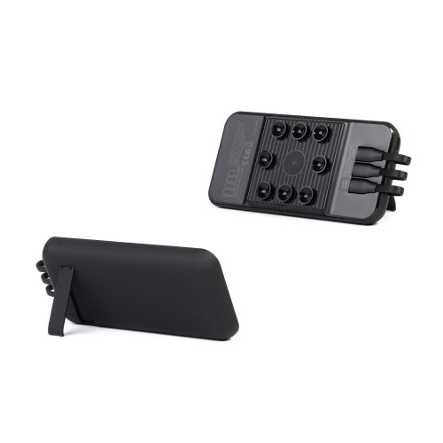 Беспроводное зарядное (22.5/15W) устройство Topfull SOFTTOUCH 10000 mAh с подсветкой лого, присосками, встроенными кабелями, с подставкой, черный
