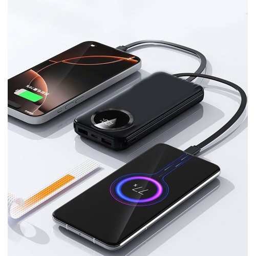 Зарядное устройство Phantom 10000 mAh с 4мя встроенными кабелями и цифровым индикатором заряда, черный