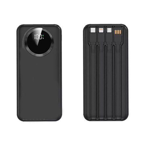 Зарядное устройство Phantom 10000 mAh с 4мя встроенными кабелями и цифровым индикатором заряда, черный