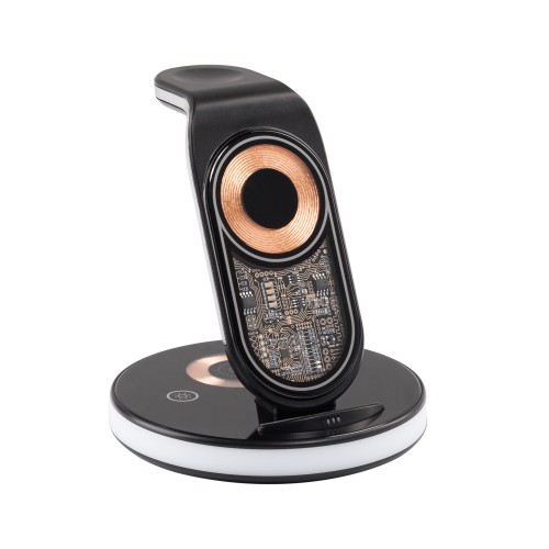 Беспроводная (15W) зарядная станция Tron с прозрачным корпусом и подсветкой, черный с серебристым