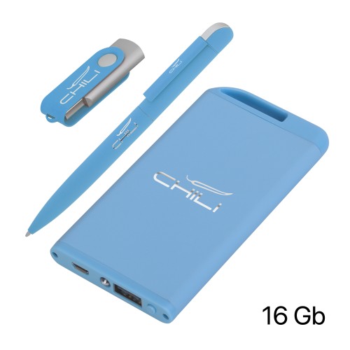 Набор ручка + флеш-карта 16Гб + зарядное устройство 4000 mAh в футляре покрытие soft touch, голубой