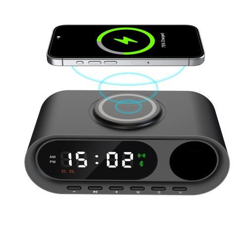 Настольные часы Smart Hub с bluetooth колонкой 5Вт, беспроводной (15W) зарядкой и подсветкой логотипа, черный