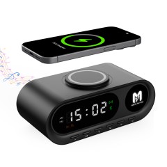 Настольные часы Smart Hub с bluetooth колонкой 5Вт, беспроводной (15W) зарядкой и подсветкой логотипа, черный