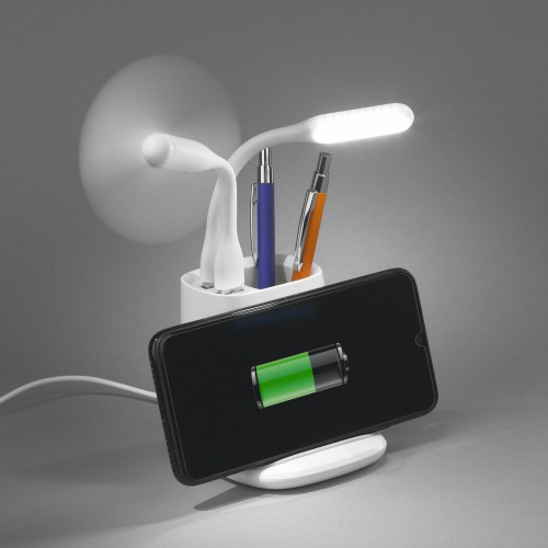 Карандашница Smart Stand с беспроводным зарядным устройством, вентилятором и лампой (2USB разъёма), белый