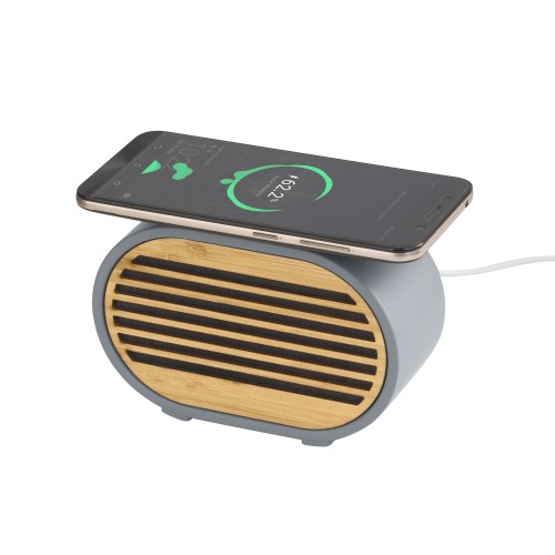 Bluetooth-колонка Stonehenge 5Вт с беспроводным зарядным устройством, камень/бамбук, серый/бежевый